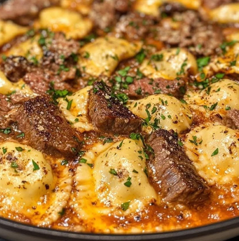 One-Skillet Garlic Butter Steak & Cheese Ravioli