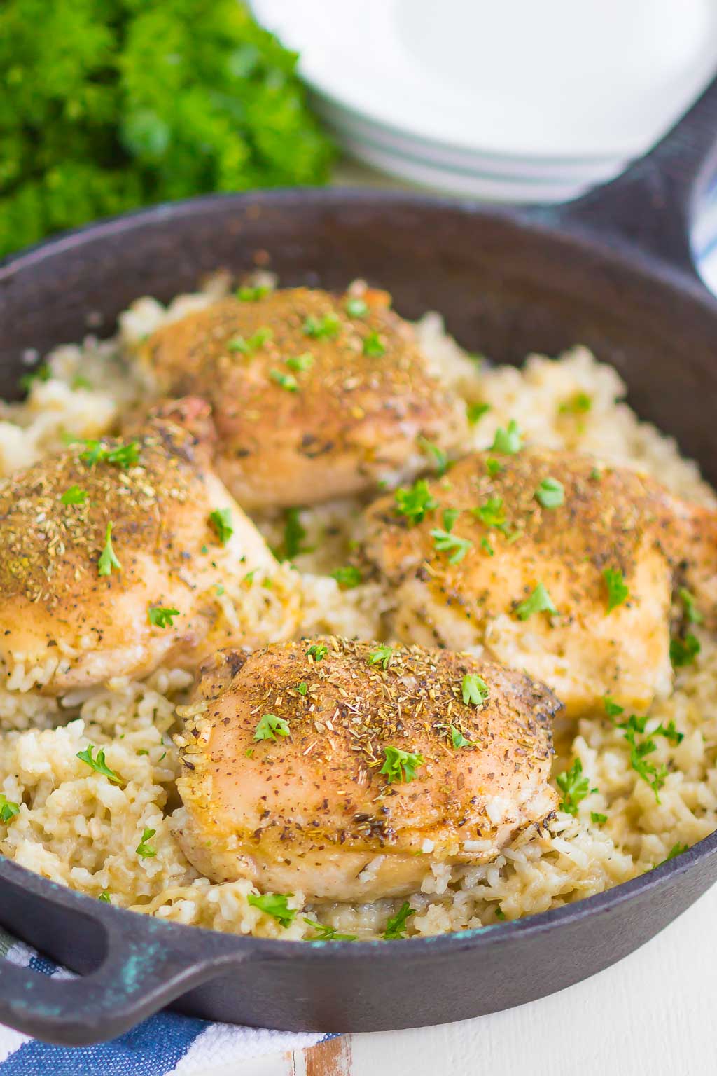 One-Skillet Crispy Herb Chicken Thighs and Rice